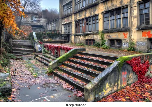 Autumn Leaves on Concrete Steps in Front of Old Building