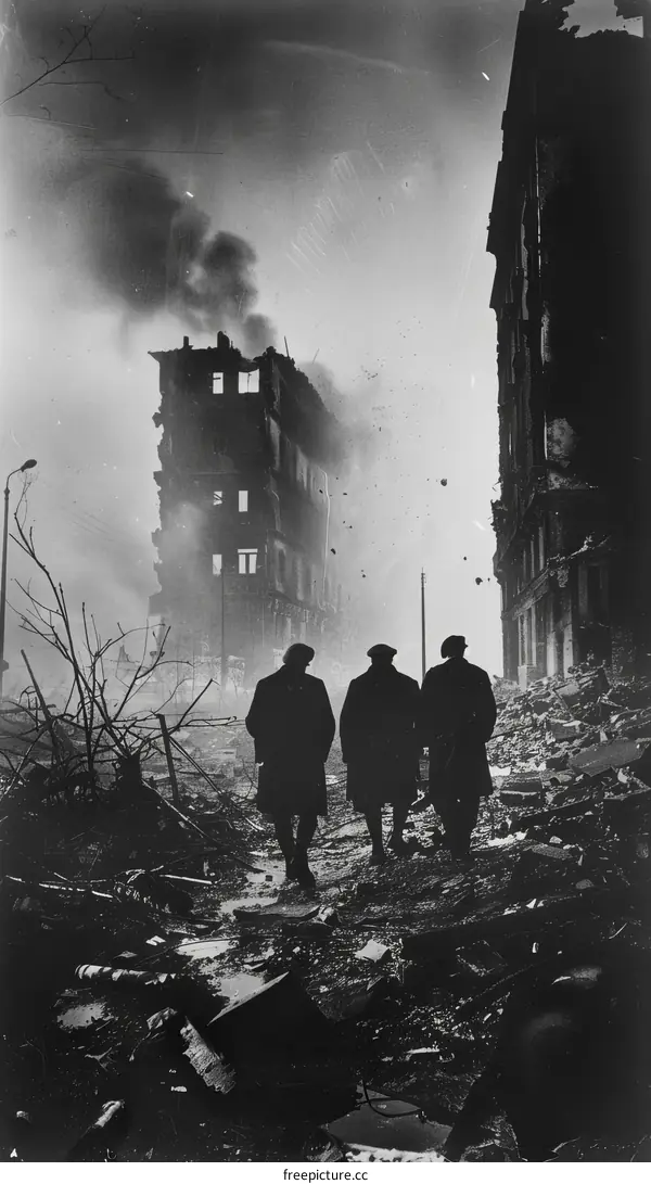 Three men walking through a destroyed city