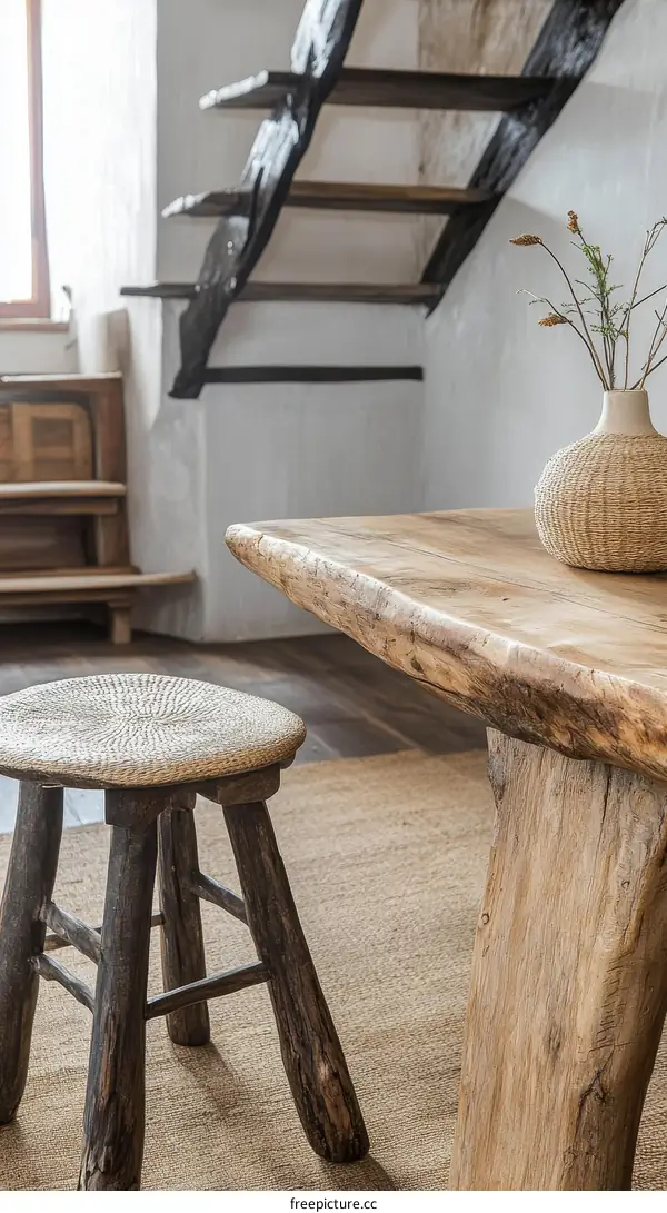 Rustic Wooden Table and Stool in a Cozy Interior