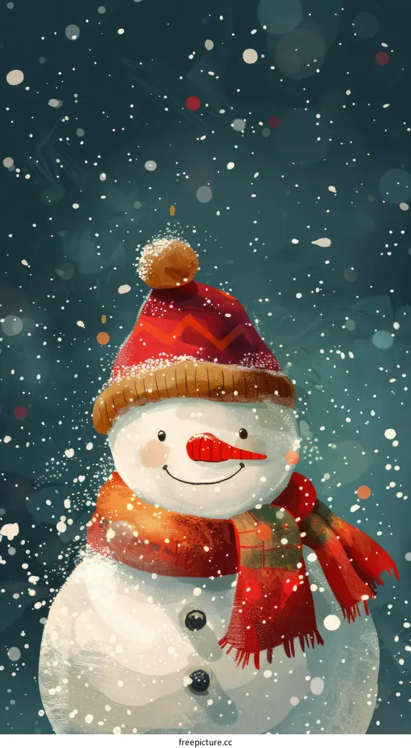A cute snowman wearing a hat and scarf in the wintery snowfall