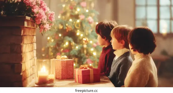 Three Children Waiting for Christmas Gifts