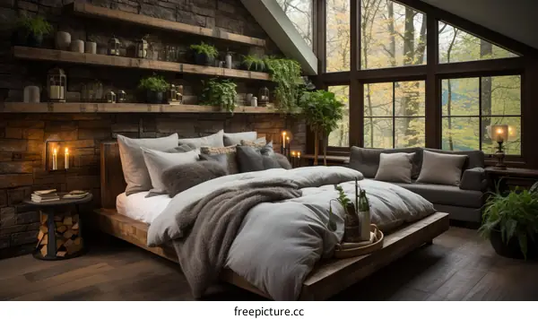 Rustic Stone Wall Bedroom with Cozy Wooden Furniture