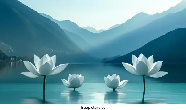 Serene Mountain Lake Lotus Flowers