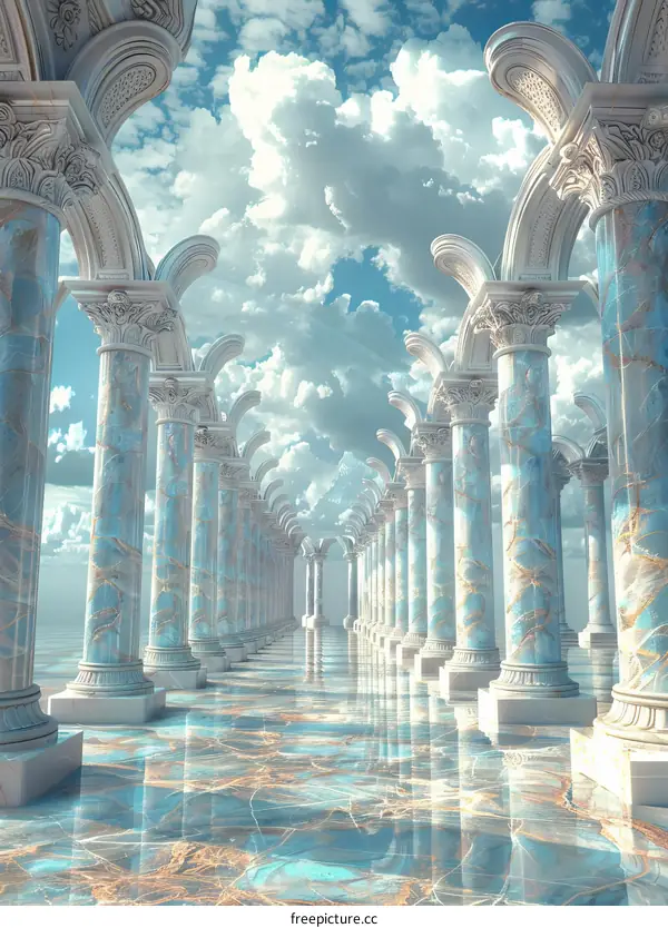 Surreal marble colonnade with a cloudy sky