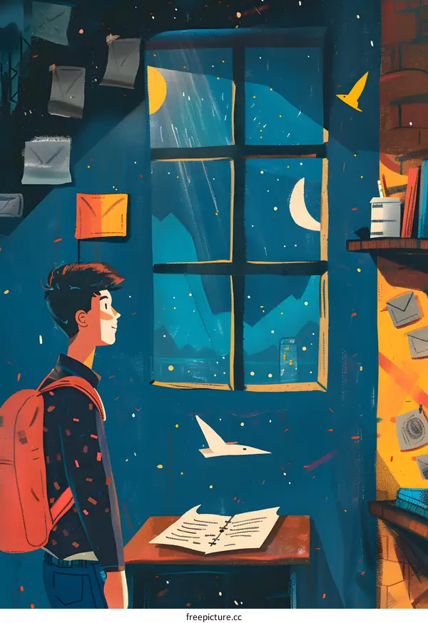Boy Looking Out Window at Night Sky Illustration