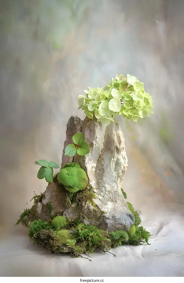 Green Flowers on a Stone with Moss