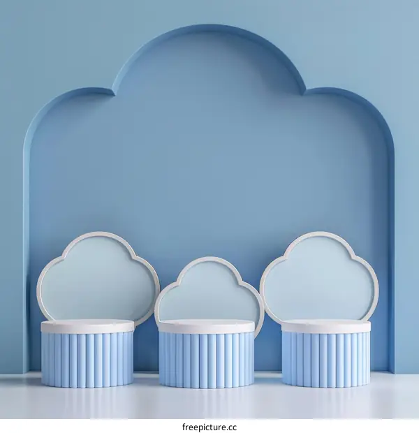 Blue Podium Cylinder Display with Cloud Background