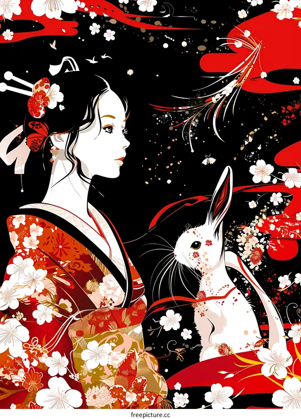 Japanese Woman in Kimono With Rabbit in Floral Background