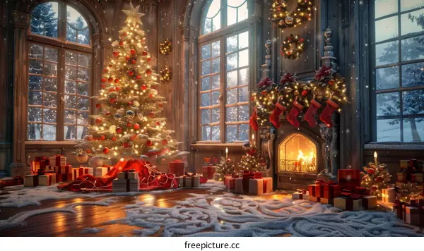 Christmas Tree In A Room With Fireplace And Gifts