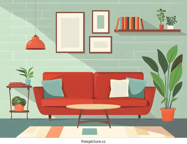 Red Sofa Living Room Interior Design Illustration