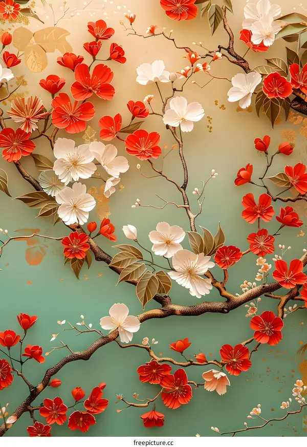 Japanese style red and white cherry blossom and green leaves pattern