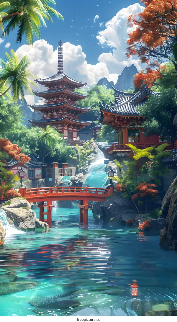 Serene Japanese Garden with Pagoda and Bridge