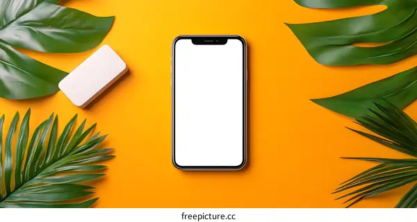 White Blank Smartphone Mockup With Palm Leaves on Orange Background