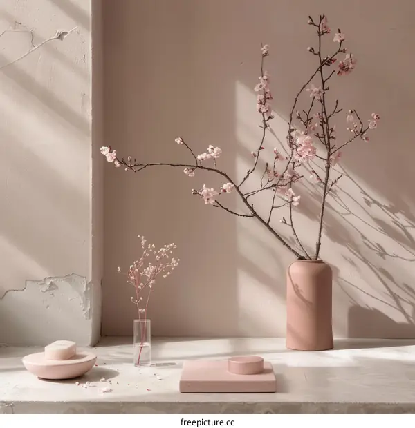 Minimalist interior design with pink flowers in a vase