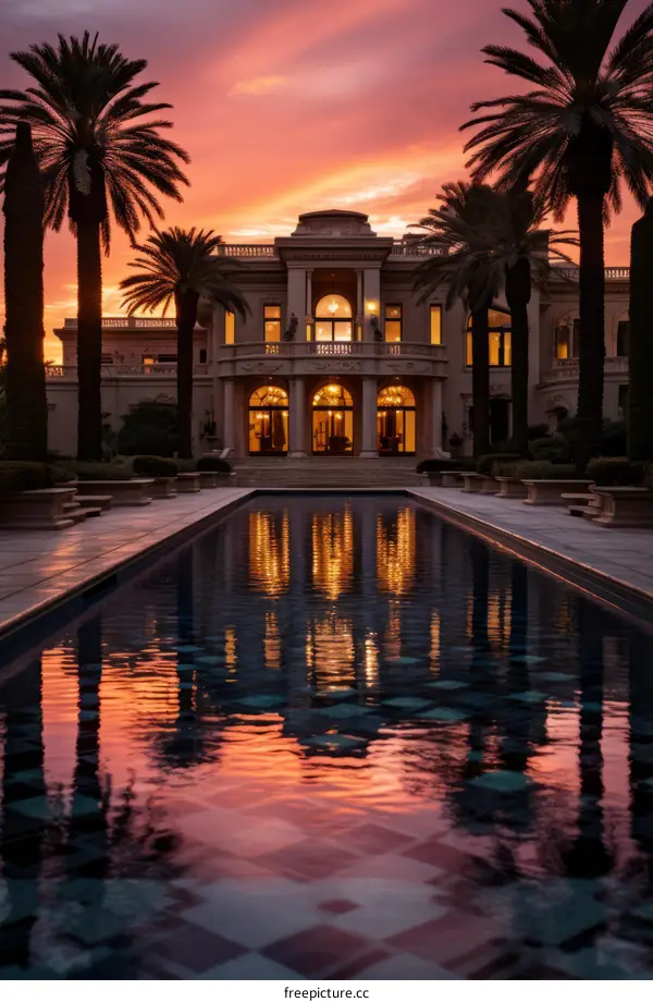 A beautiful mansion with a pool in front of it. The sky is a bright pink color.