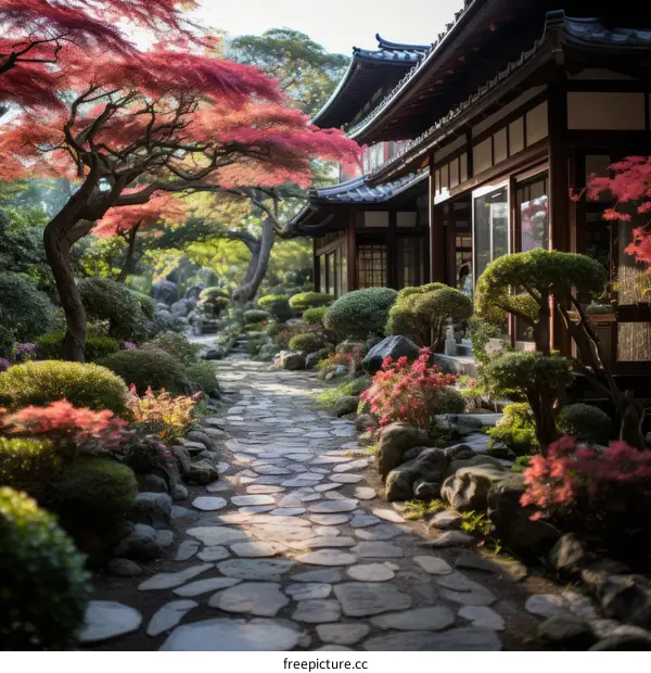 Tranquil Japanese Garden with Stone Path and Lush Greenery