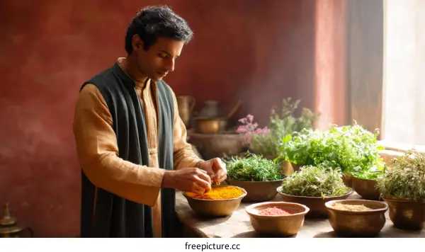Man preparing spices in traditional kitchen with fresh herbs around