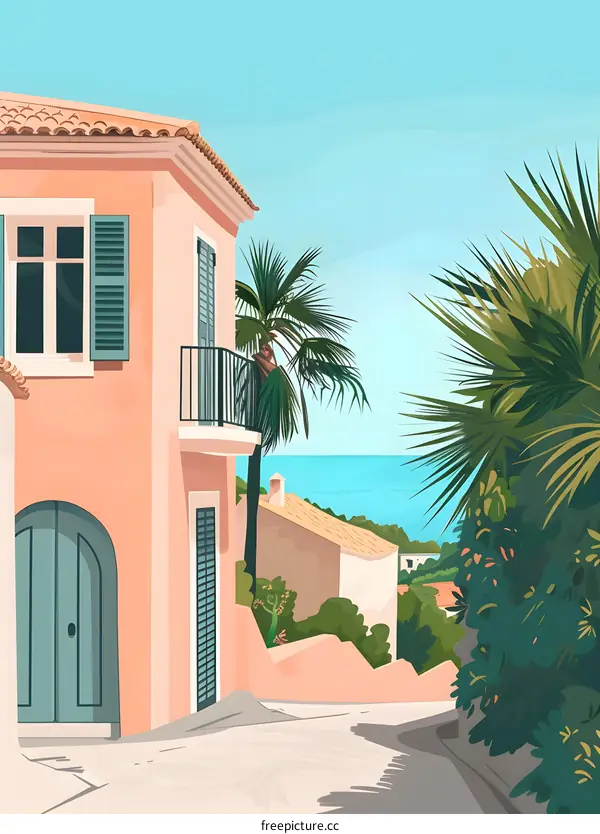 Mediterranean House with Palm Trees and Ocean View