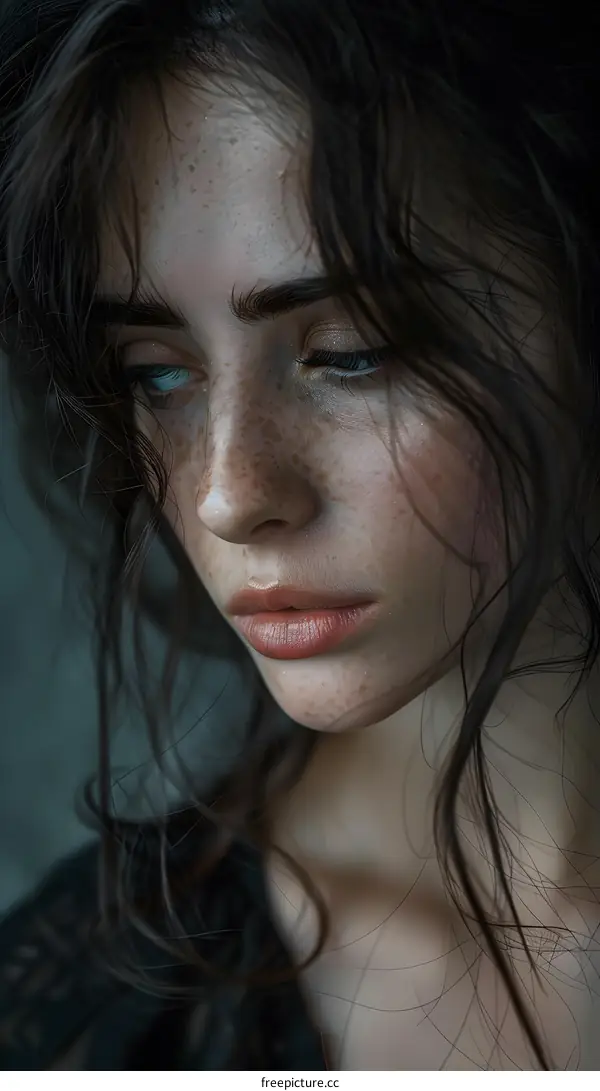 Portrait of a young woman with freckles