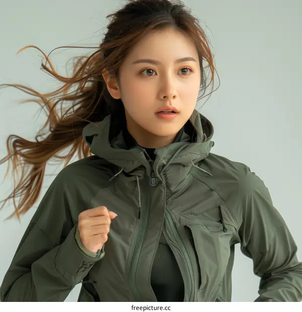 A young Asian woman in a green jacket is running