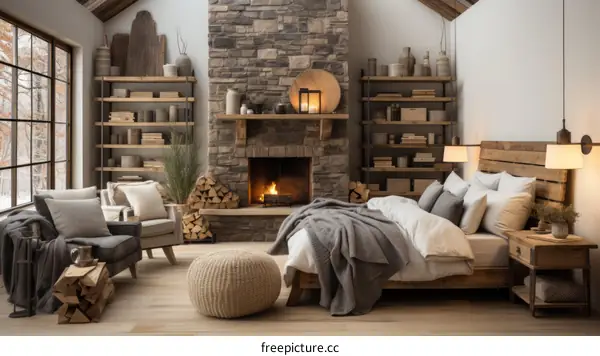 Cozy bedroom with fireplace and bookshelves