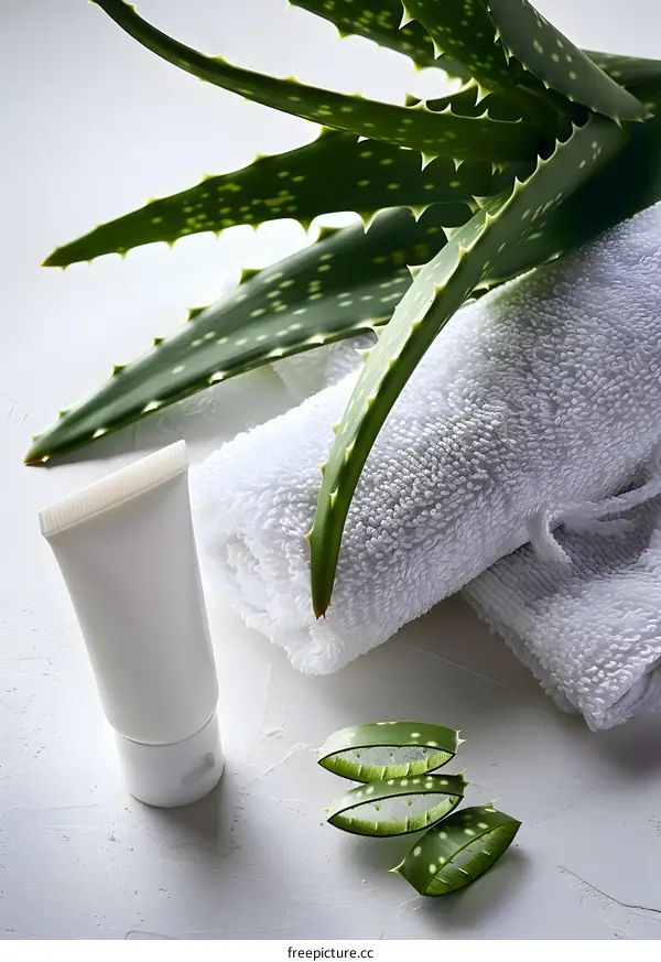 Aloe Vera Plant with White Towel and Cream Tube