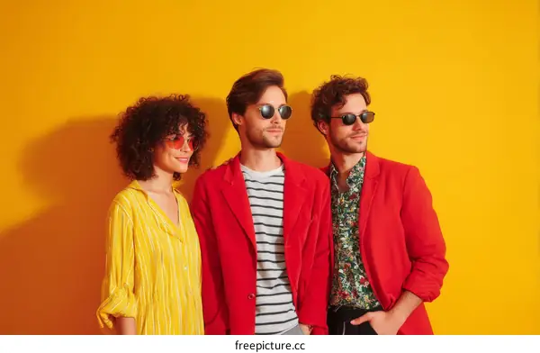 Three Stylish People Posing Against a Bold Yellow Background