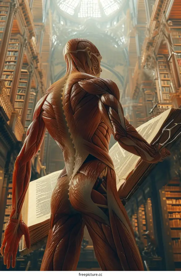 Muscular man reading a book in a library