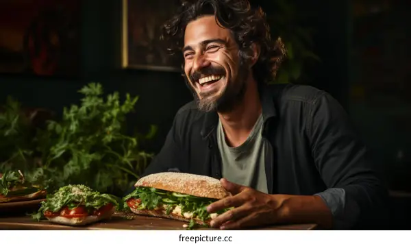 Laughing man eating a sandwich