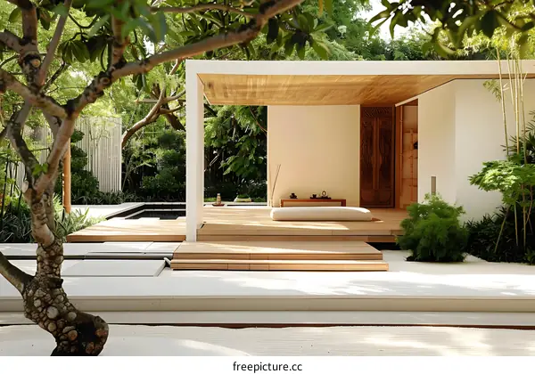 Modern Minimalist Zen Garden with Wooden Deck and Patio