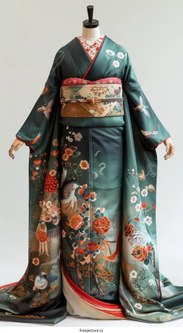 A kimono with a pattern of flowers and birds