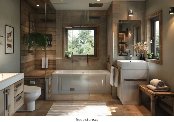 Modern Bathroom with Wooden Bathtub and Glass Shower