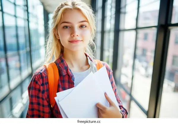 Smiling Teenage Caucasian Student Holding Papers