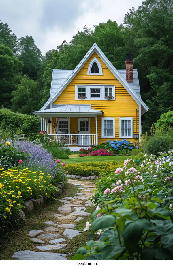 Charming Yellow Cottage Surrounded by Vibrant Flowers