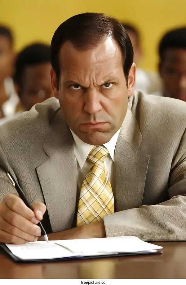 Angry Man Sitting at Desk With Pen
