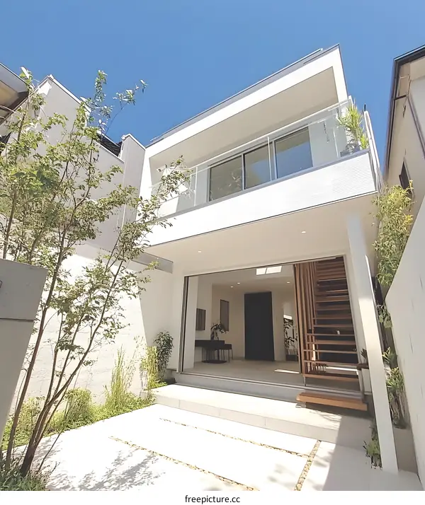 Modern Minimalist Home Exterior with White Walls and Green Plants