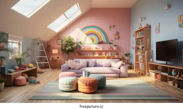 Cozy and colorful attic playroom with a rainbow mural