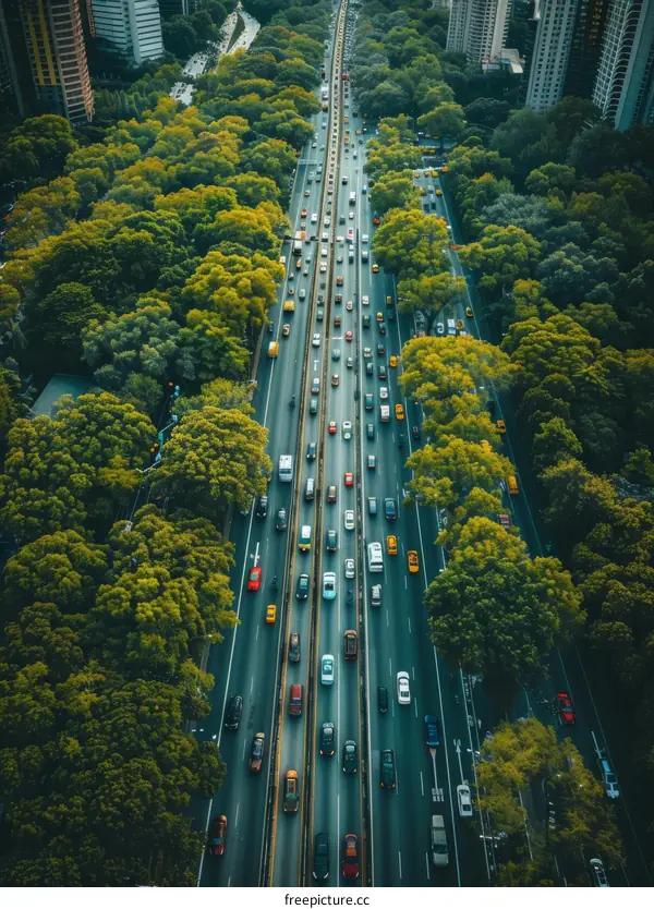 Aerial View of an Expressway with Heavy Traffic in a Green City