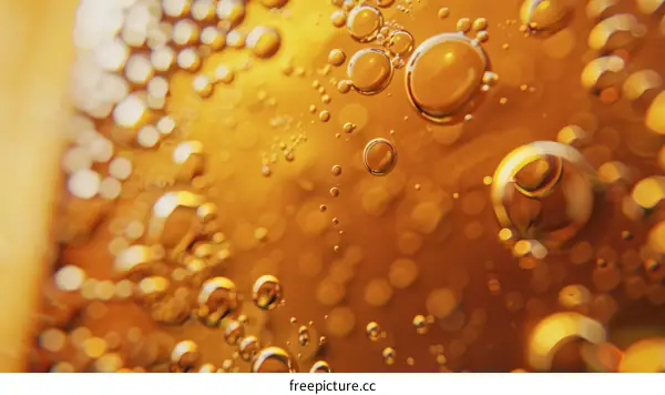 Close-up of bubbles in amber liquid