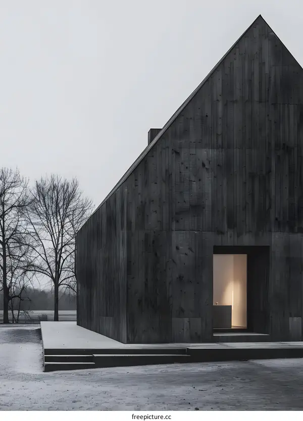 Modern Black Wooden House in Winter Landscape