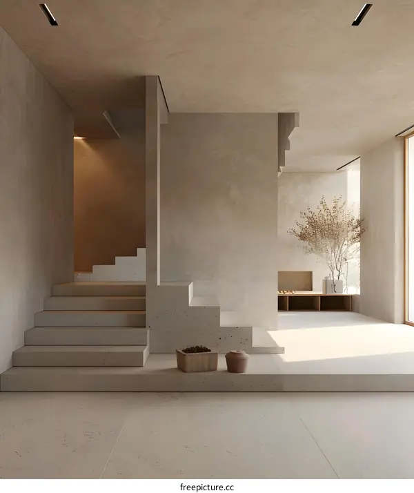 Minimalist Modern Home Interior Design with Concrete Stairs and Plants