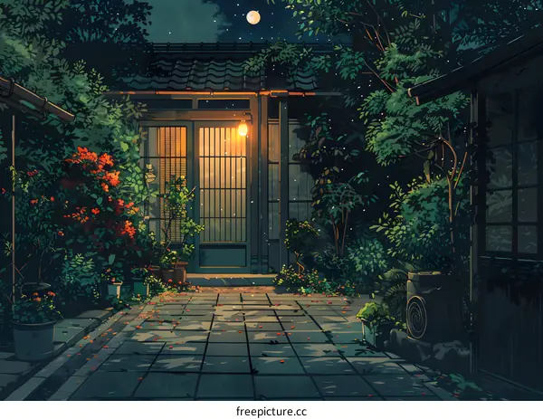 Nighttime Scene of a Japanese Garden with a Moon