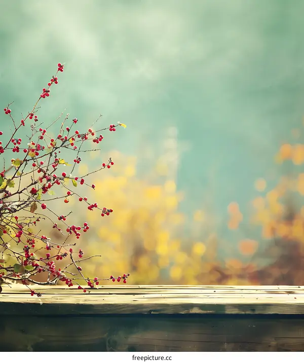 Autumn Background with Red Berries and Wooden Plank