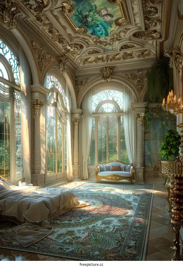 Golden Ornate Bedroom with Large Windows and a View of the Garden