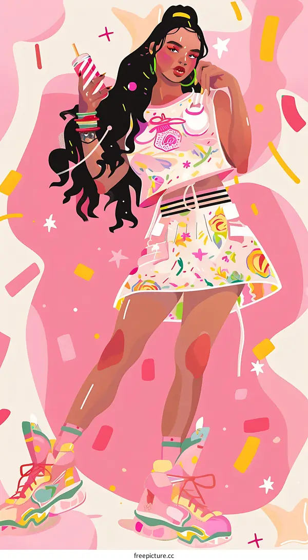 Colorful Illustration of Woman Wearing Pink Outfit
