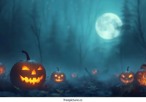 Spooky Halloween pumpkins glowing in the moonlight