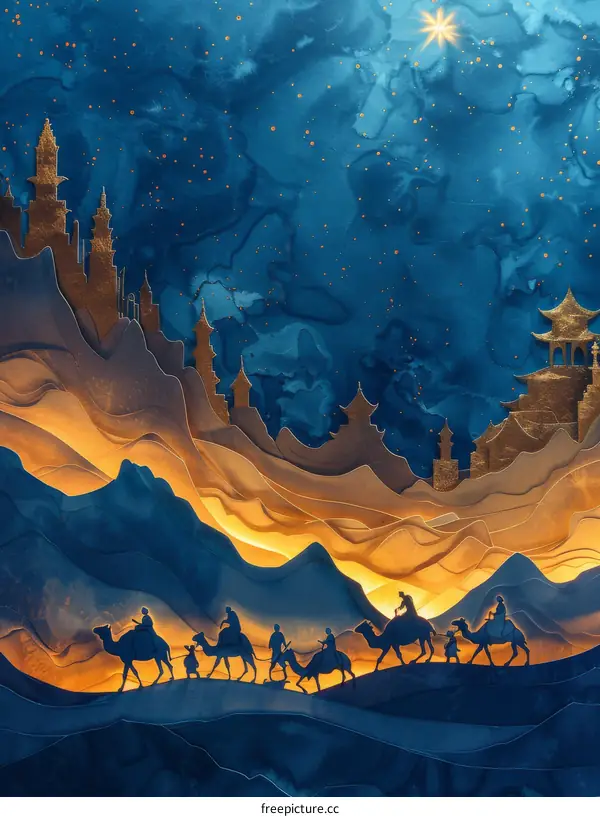 A golden caravan of camels travels through a blue and gold desert landscape.