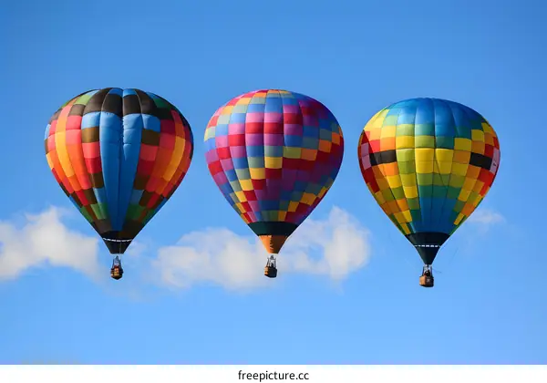 Three Colorful Hot Air Balloons Flying in a Blue Sky