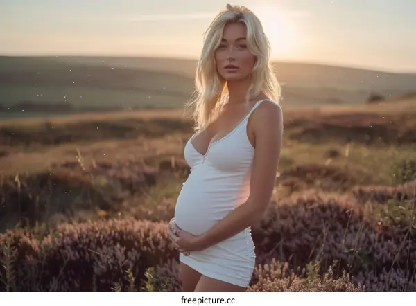 Beautiful pregnant woman standing in a field of heather at sunset
