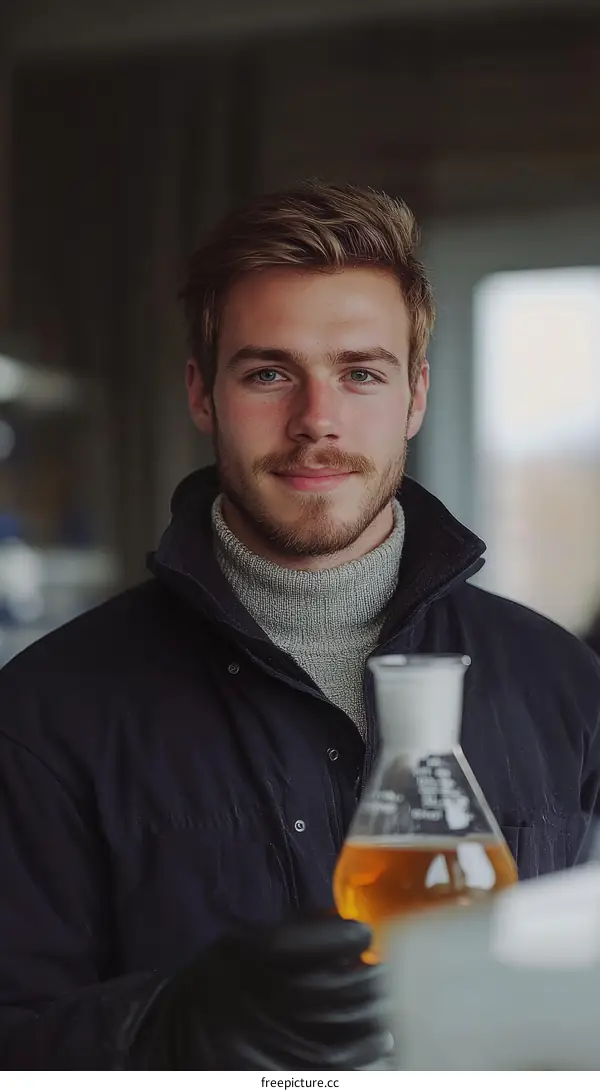 Caucasian Man Holding Flask in Laboratory Setting